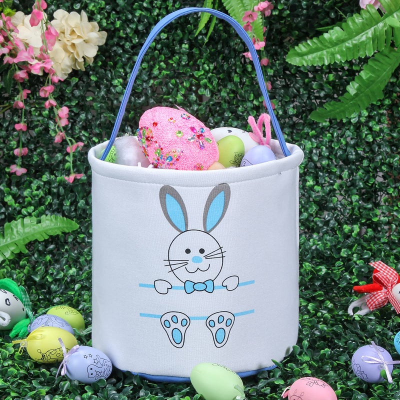 XinblueCo Easter Bunny Basket Egg Bags for Kids,Canvas Cotton Personalized Candy Egg Basket Rabbit Print Buckets with Fluffy Tail Gifts Bags for Easterâ€¦â€¦ - Image 2